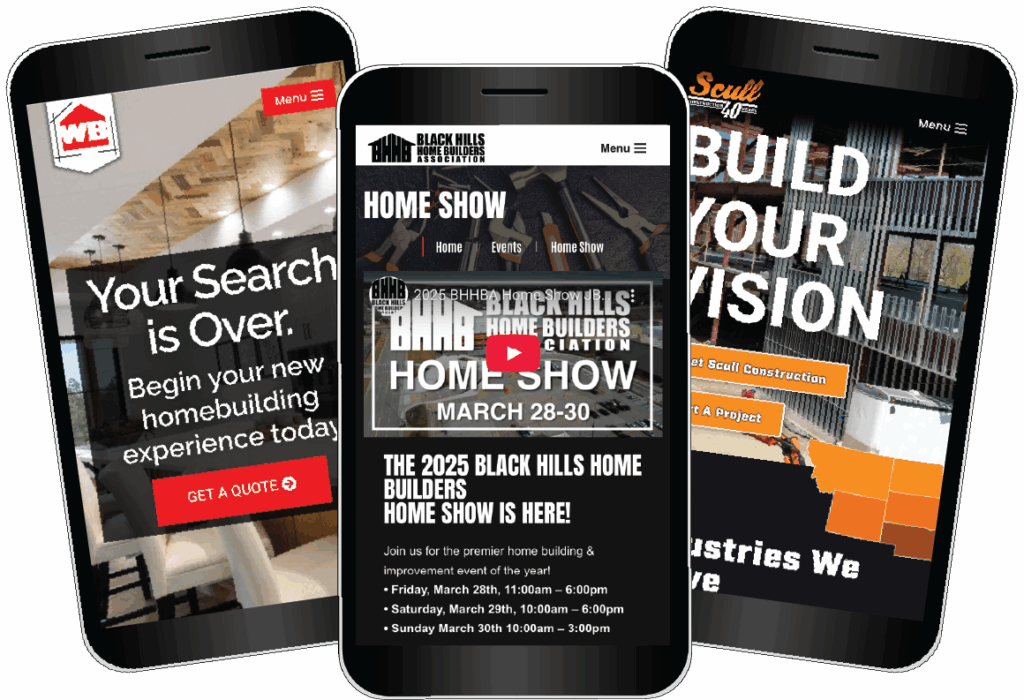 Digital Construction Team Project Showcase displaying mobile websites for Black Hills Home Builders, Wood-Builders, and Scull Construction