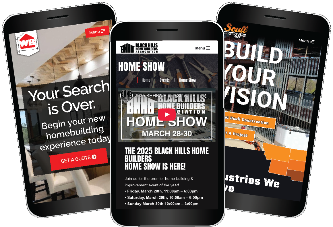 Digital Construction Team Project Showcase displaying mobile websites for Black Hills Home Builders, Wood-Builders, and Scull Construction