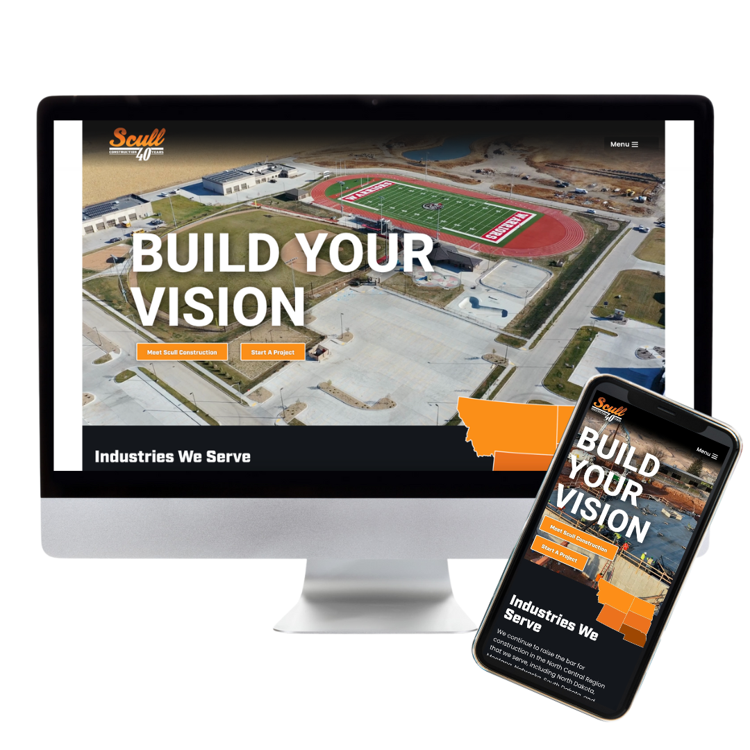 Scull Construction Website Preview showcasing a desktop computer and mobile phone viewing the website
