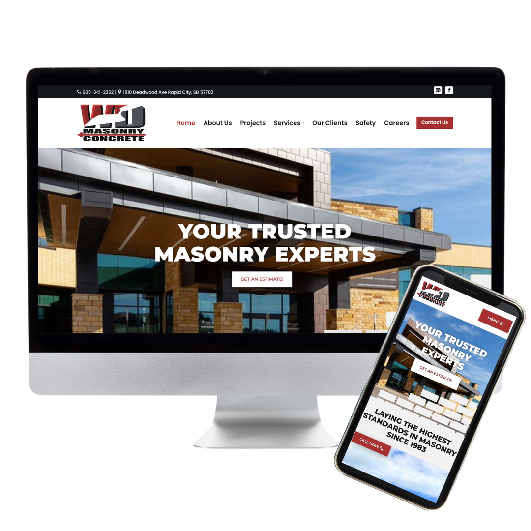 WD Masonry Website Preview showcasing a desktop computer and mobile phone viewing the website