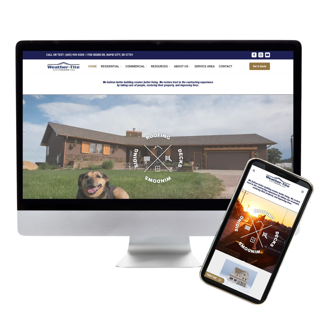 Weather-Tite Exteriors Website Preview showcasing a desktop computer and mobile phone viewing the website