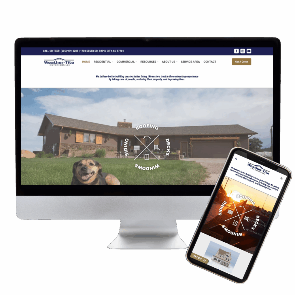 Weather-Tite Exteriors Website Preview showcasing a desktop computer and mobile phone viewing the website